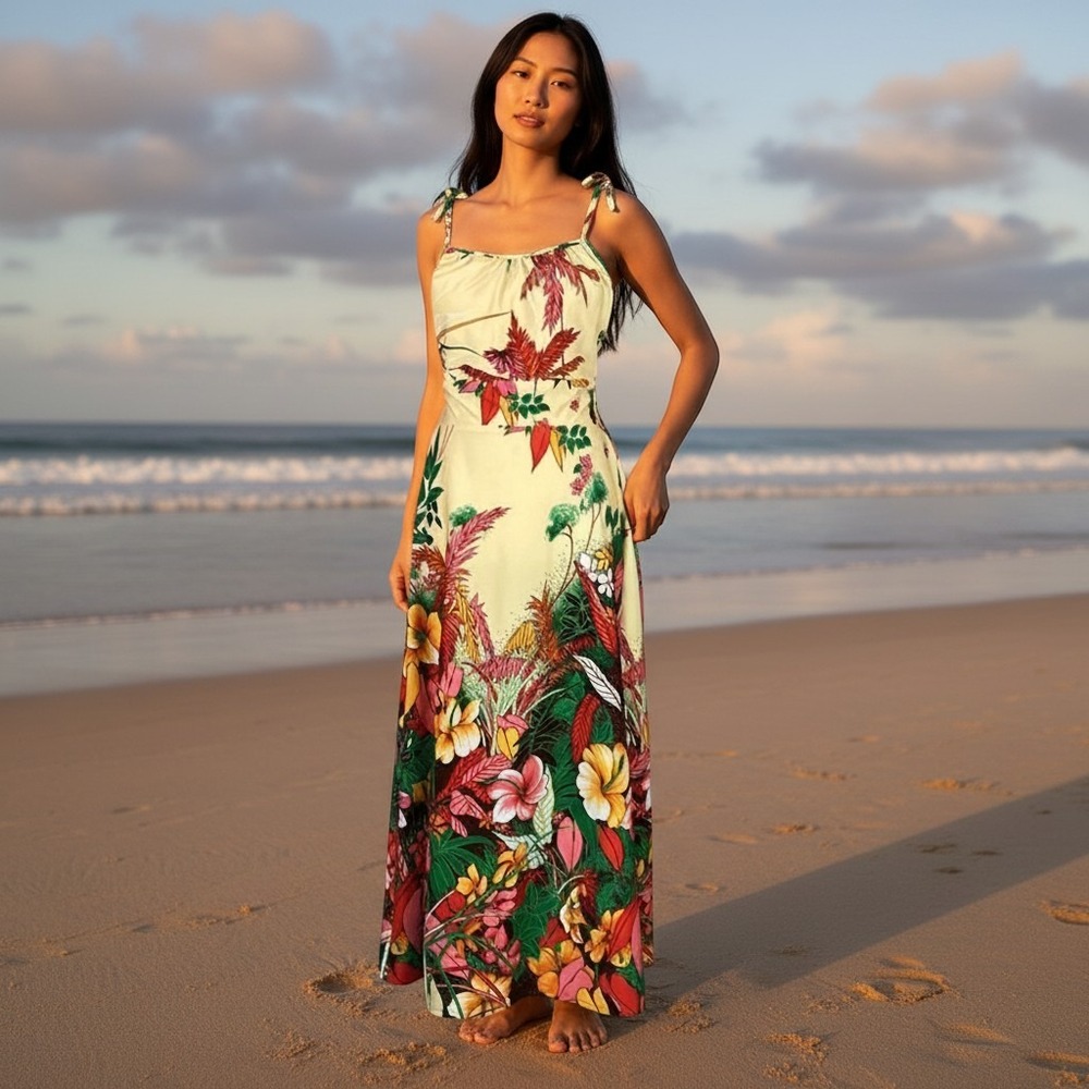 Vintage 70s tie strap a line Hawaiian floral print maxi dress small‎